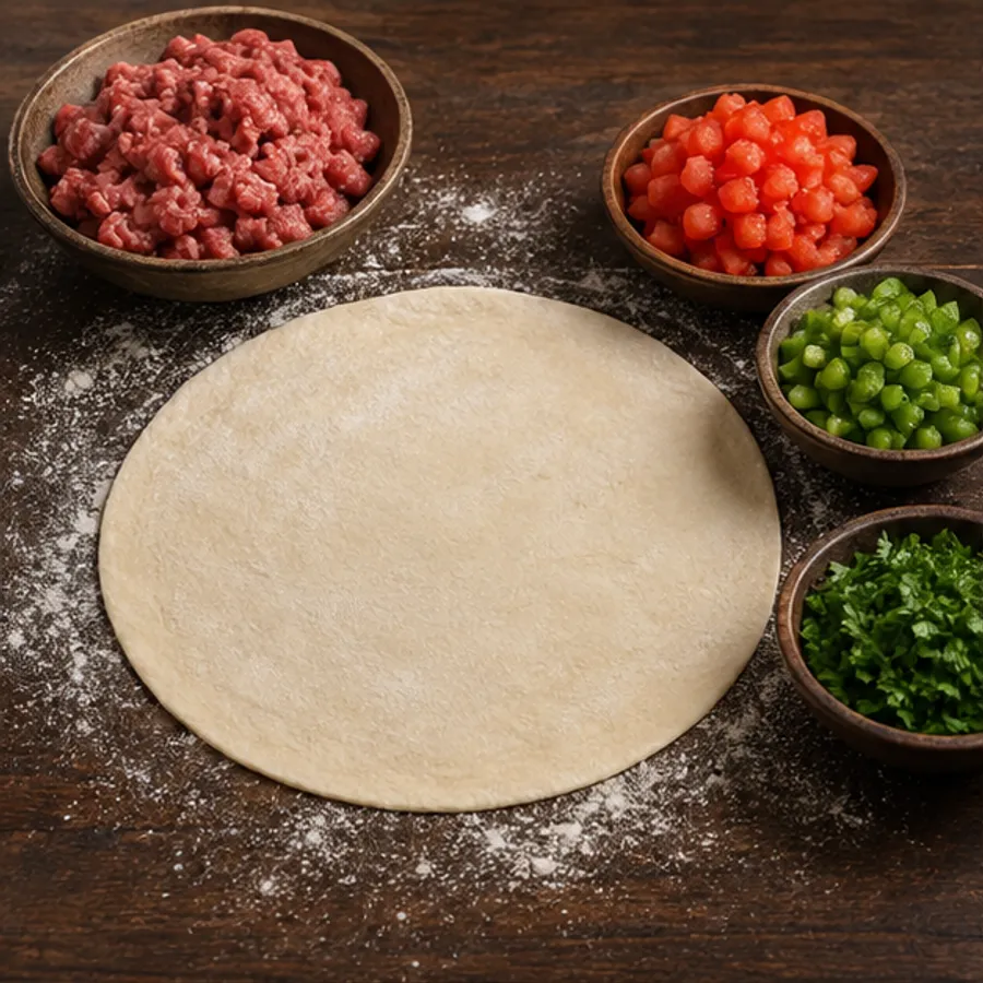İnce yuvarlak lahmacun hamuru ve çevresinde kıyma, domates, biber, maydanoz