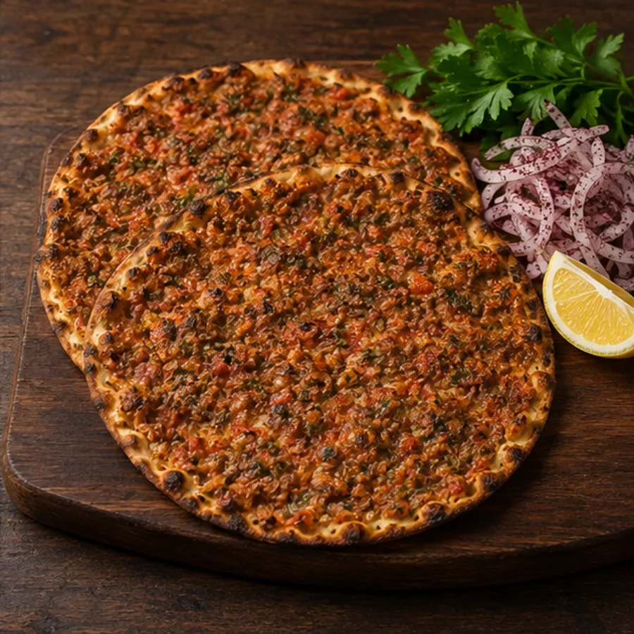 Limon, maydanoz ve sumaklı soğan yanında pişmiş lahmacun
