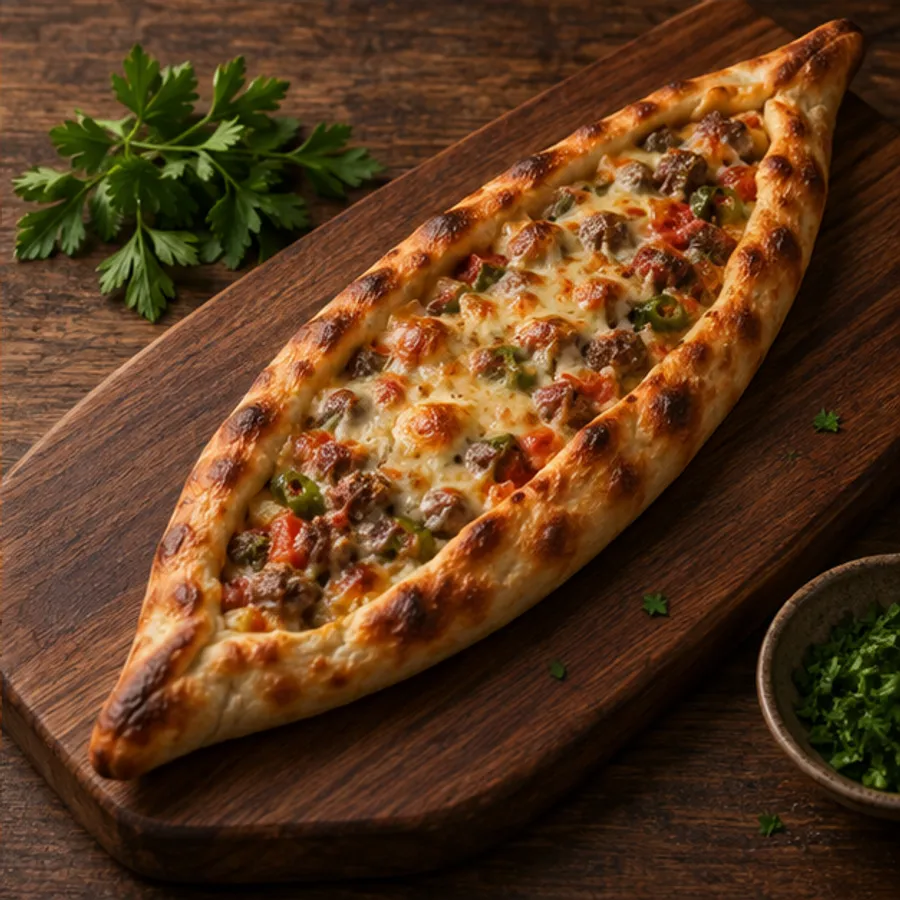 Kuşbaşılı kaşarlı pide hazırlık hikâyesinin pişmiş sunumu