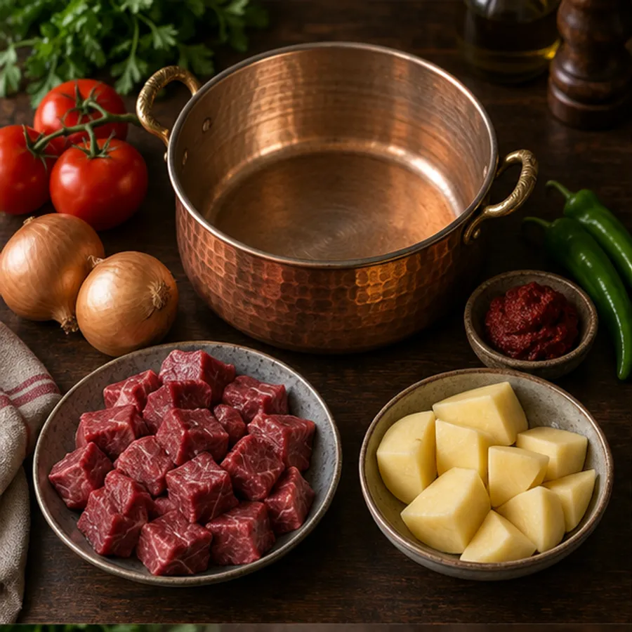 Gerçekçi bakır tencere çevresinde doğranmış et, patates, soğan, domates ve salça