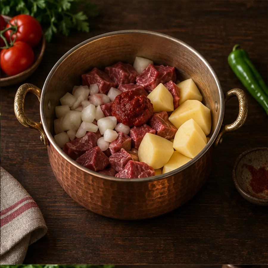 Bakır tencereye eklenmiş et, patates, soğan ve domatesli harç