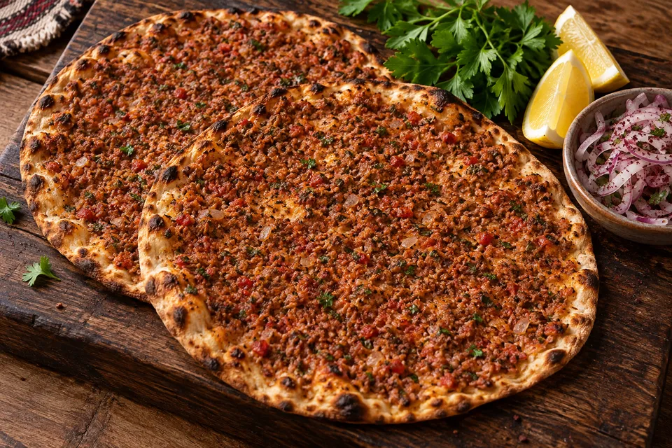 Limon ve maydanoz yanında lahmacun