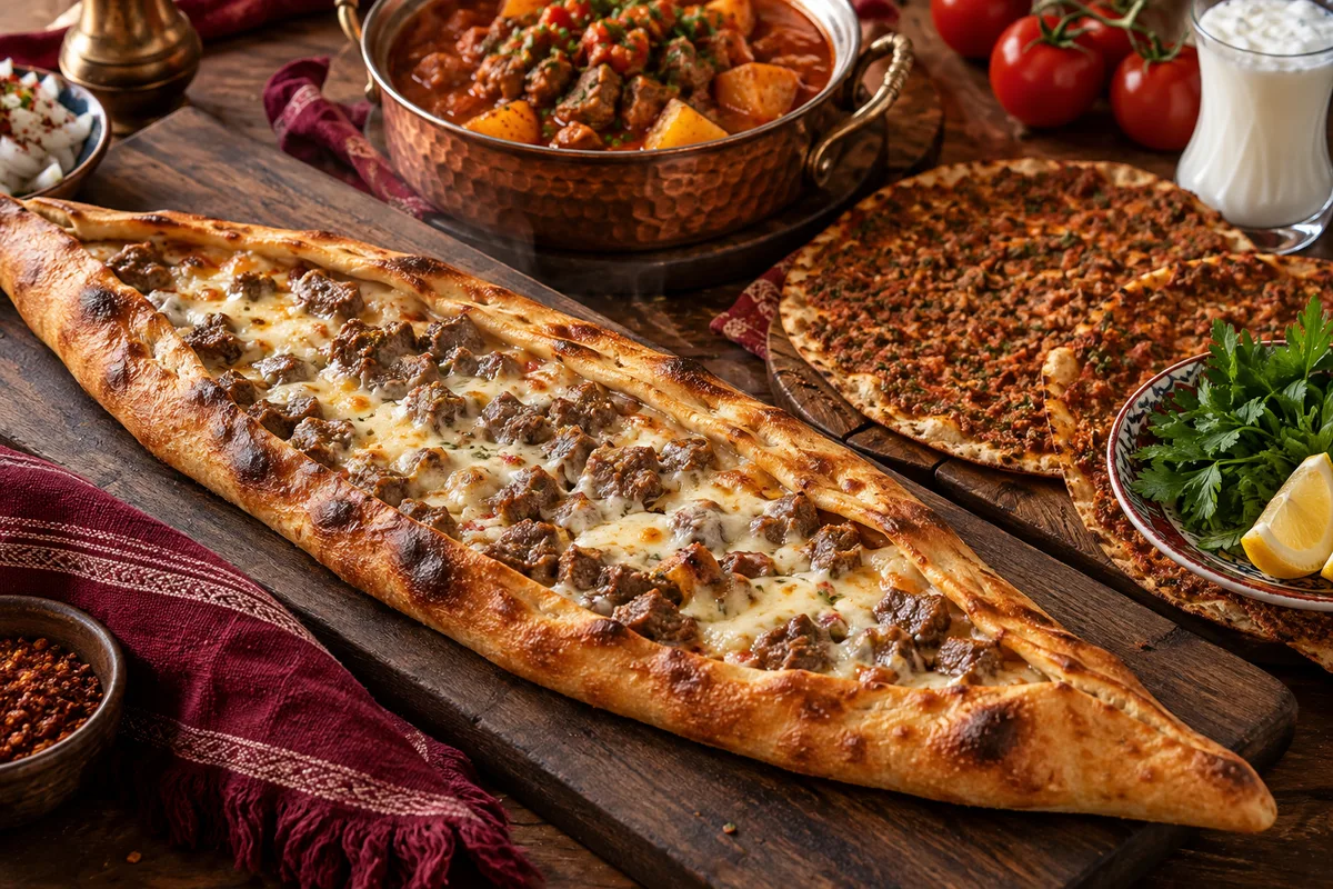 Sulu yemek, pide ve lahmacun ile kurulmuş sofra