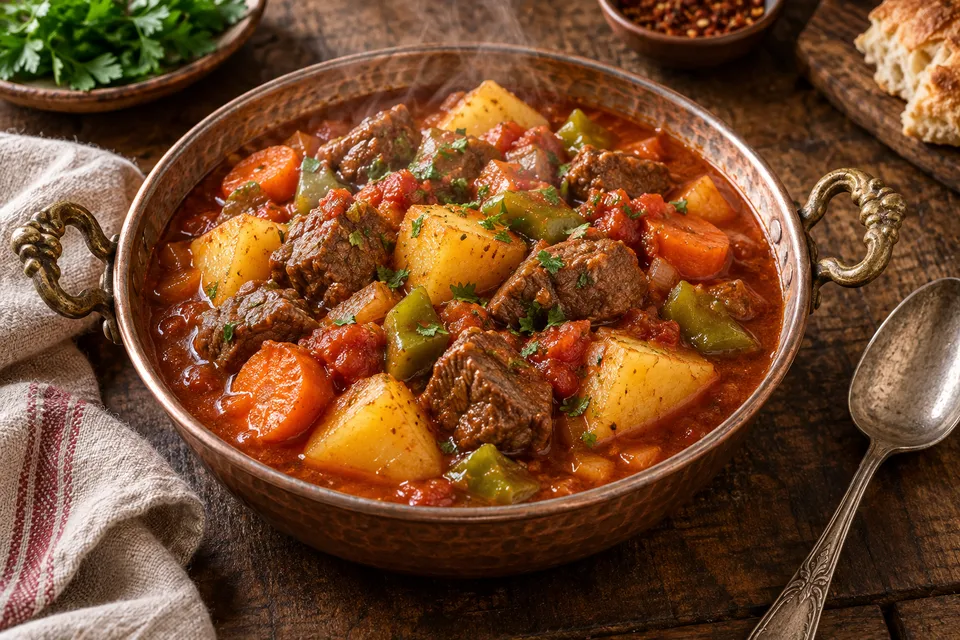 Bakır kapta patatesli et yemeği